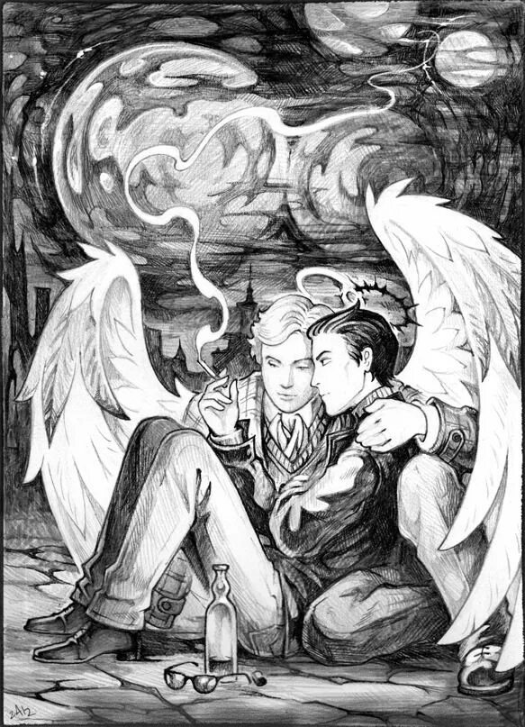 Книги ангелы любовь. Good Omens Crowley and Aziraphale. Кроули ангел. Книжный Кроули арт.