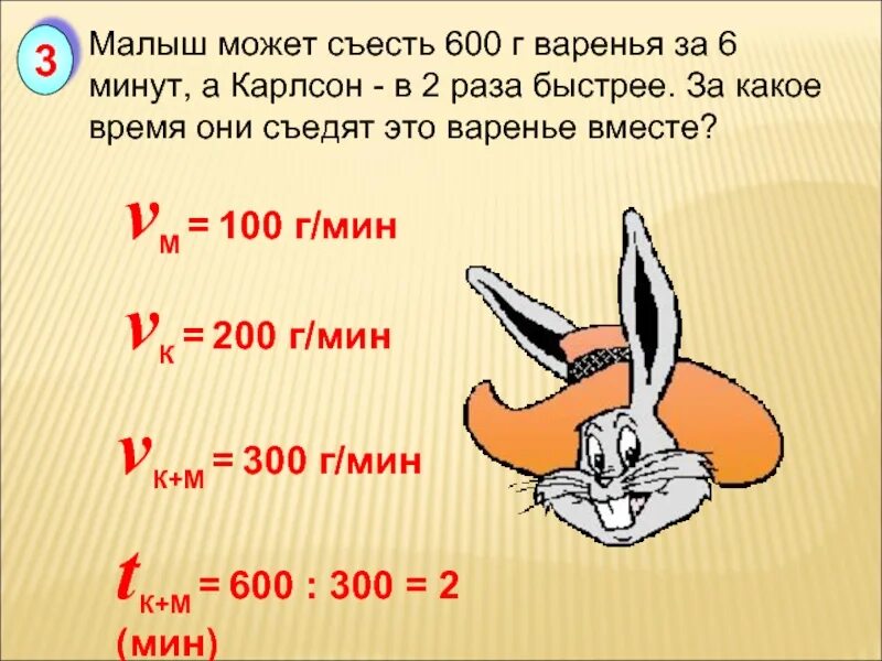 Малыш может съесть 600 г варенья за 6 минут. Малыш съедает 600 г варенья за 6 минут а Карлсон в два раза быстрее. Малыш может съесть торт за 36 минут. Малыш мог бы съесть четыреста граммов варенья за 10 минут. В разы быстрее обычного в