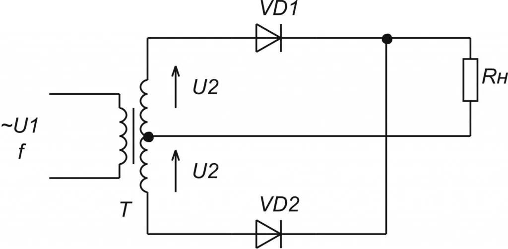 Схема двухполупериодного выпрямителя со средней точкой. Схема выпрямителя со средней точкой трансформатора. Однофазная двухполупериодная схема выпрямления со средней точкой. Выпрямитель со средней точкой трансформатора.