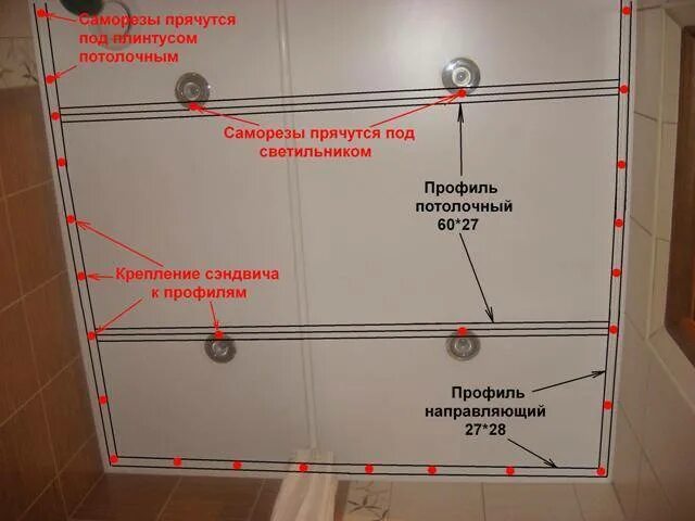 Расстояние панели пвх. Шаг профиля для пластикового потолка. потолок из сэндвич панелей пвх. разметка потолка под пвх панели. установка точечных светильников в ванну.