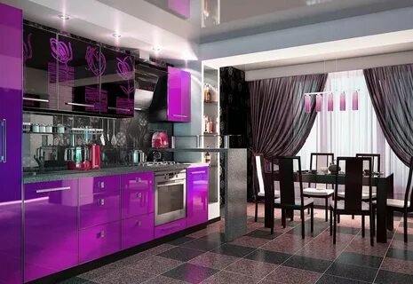 Дизайн интерьера кухни в сиреневом цвете, сочетание с черным