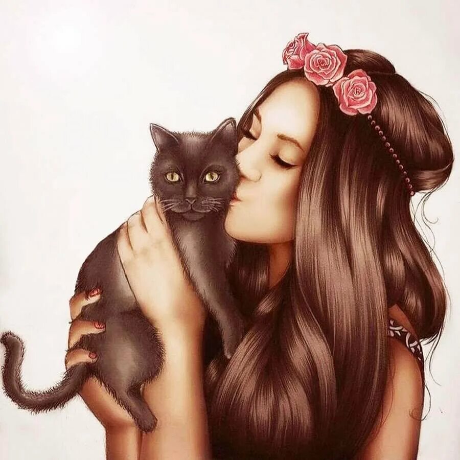 Картинка девушка с кошкой. Алена Лавицкая. Картинки на аватарку для девушек. Девушка с кошкой арт.