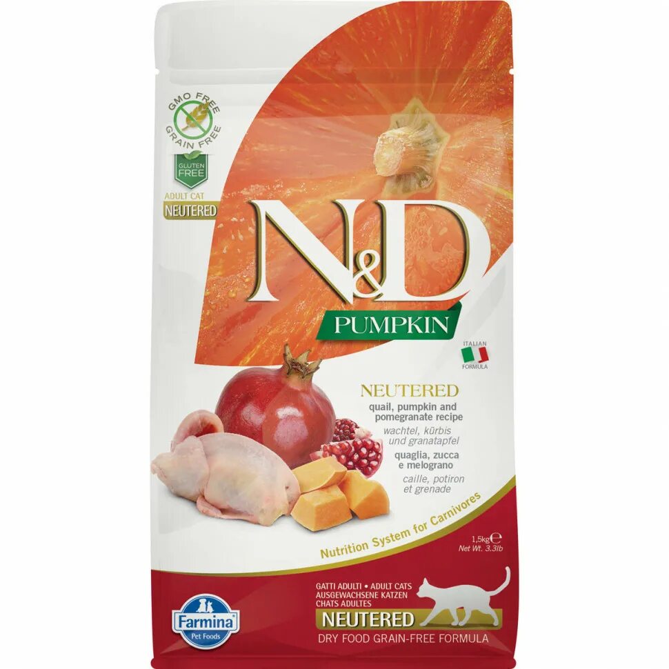 Farmina n d сухой корм для кошек. Корм farmina nd pumpkin для стерилизованных кошек. n&amp;d pumpkin сухой корм для кошек (перепел, тыква), 0,3 кг. фармина nd для кошек. фармина корм для кошек с тыквой.