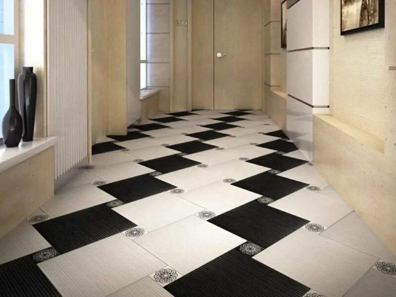 Плитка на полу двух цветов. Плитка в коридор. Красивая напольная плитка. Черно белая плитка на пол. Раскладка напольной плитки.