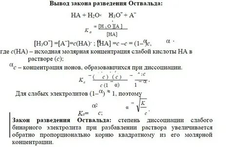 Математическое выражение закона разбавления оствальда
