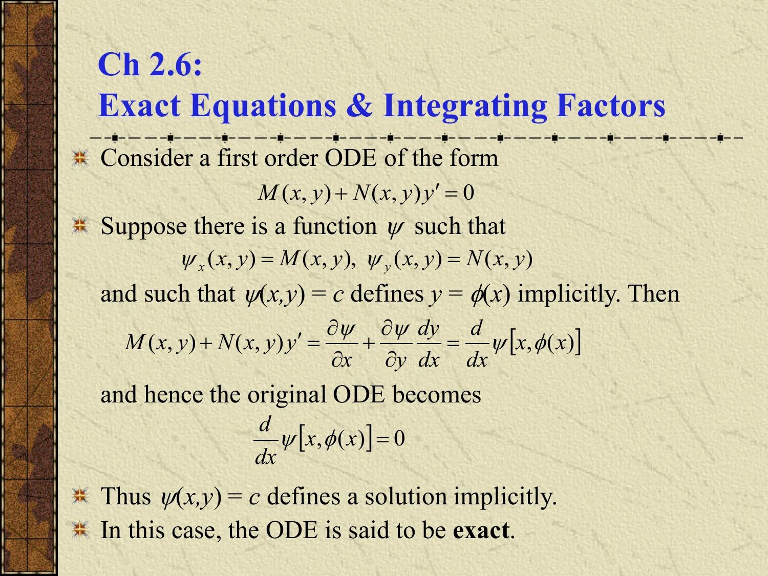 Integer factor. Exact differential equation. integrating factor. integrating factor examples. integral equations.