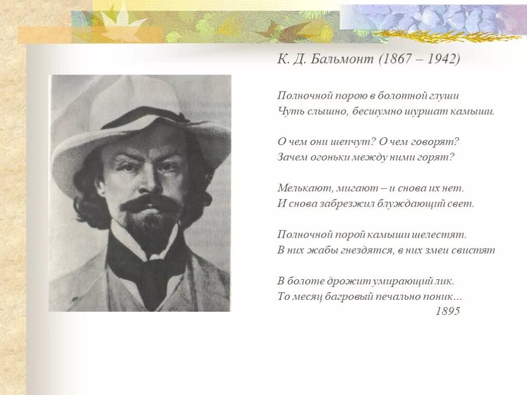 Бальмонт лермонтову. Бальмонт камыши стихотворение. Полночной порою в Болотной глуши чуть слышно бесшумно шуршат камыши.