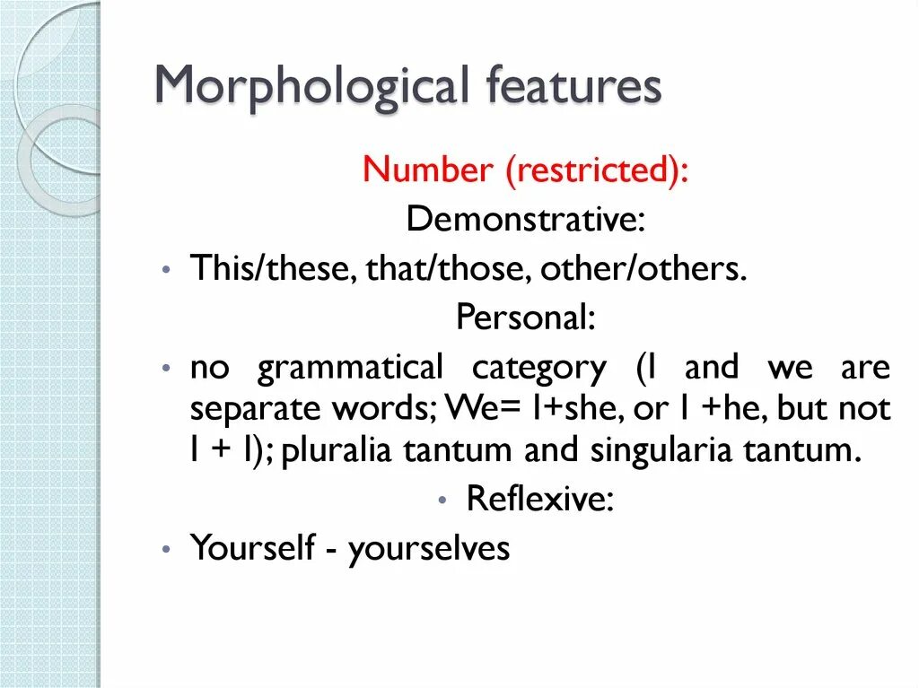 Morphological features of the Noun. Morphological categories. Morphological classification of Words. Morphological categories of the Noun. Characteristic feature