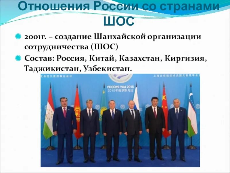 Политическая роль россии в мире. 2001 Г. – Шанхайская организация сотрудничества(ШОС). Шанхайская организация сотрудничества ШОС 2001. Отношения России со странами ШОС. ШОС это Международная организация.