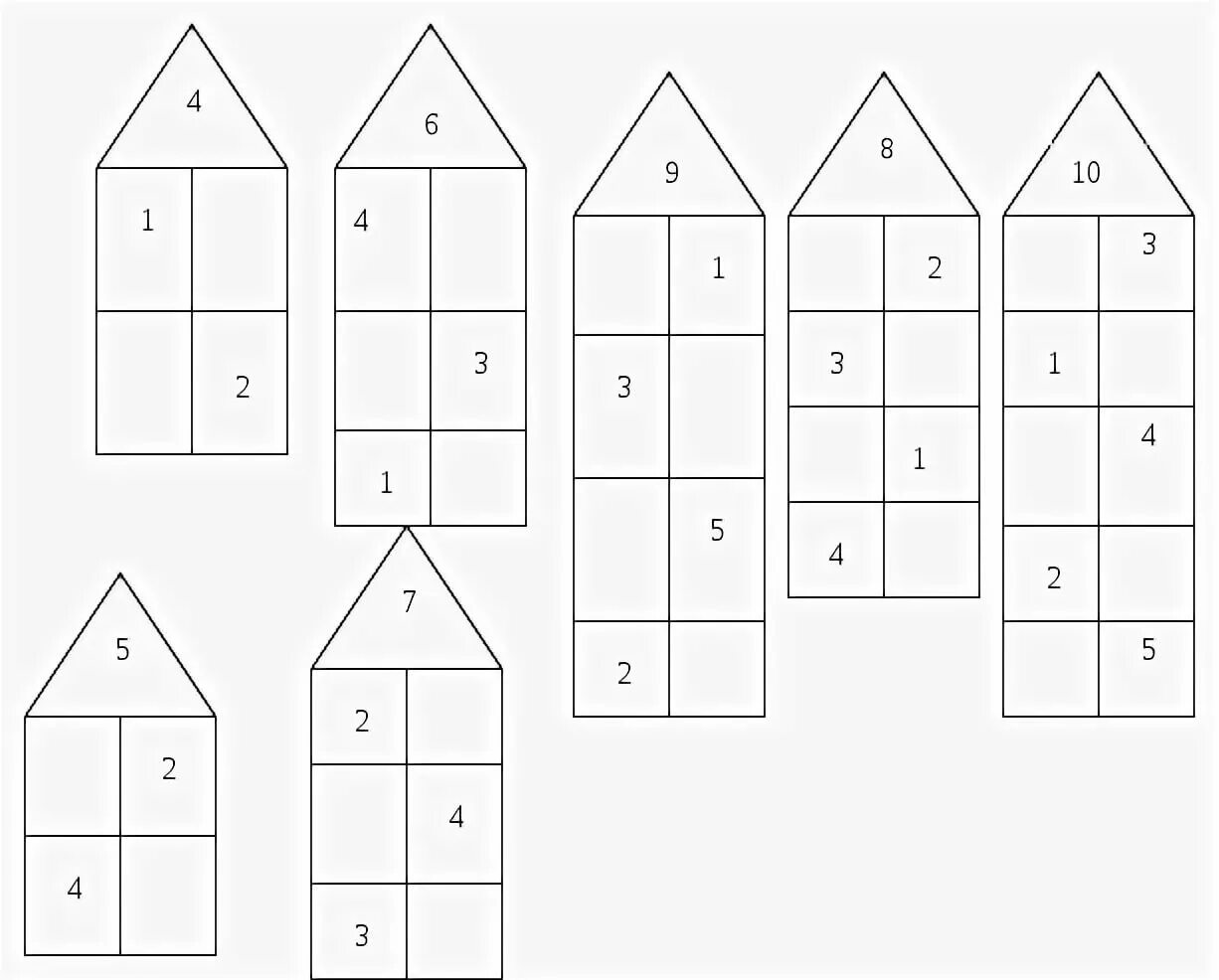 Таблица состава числа до 10 распечатать домики. Числовые домики состав числа. Состав числа до 10 домики. Состав числа до 10 засели домики. Числовые домики состав числа до 10.