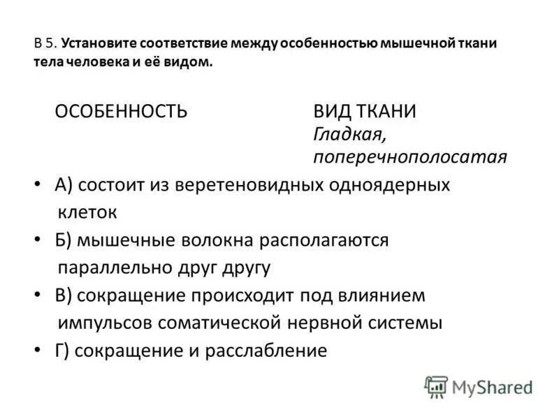 Установите соответствие между характеристикой мышечной ткани. Установите соответствие между характеристикой мышечной ткани
