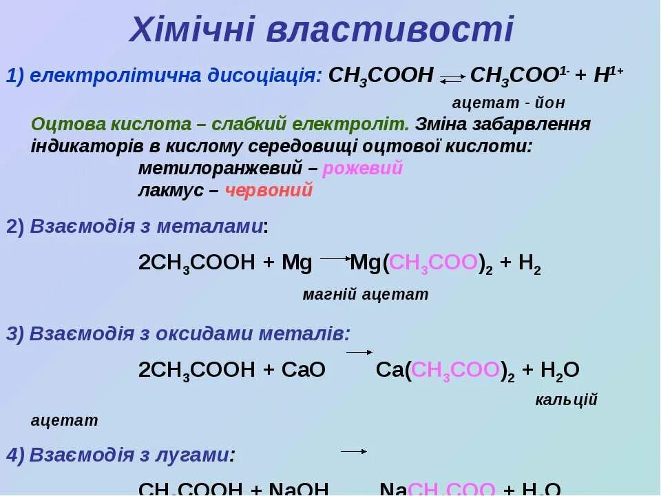 Уксусная кислота и лакмус реакция. Уксусная кислота и Лакмус уравнение реакции. Хімічні властивості. Оцтова кислота.