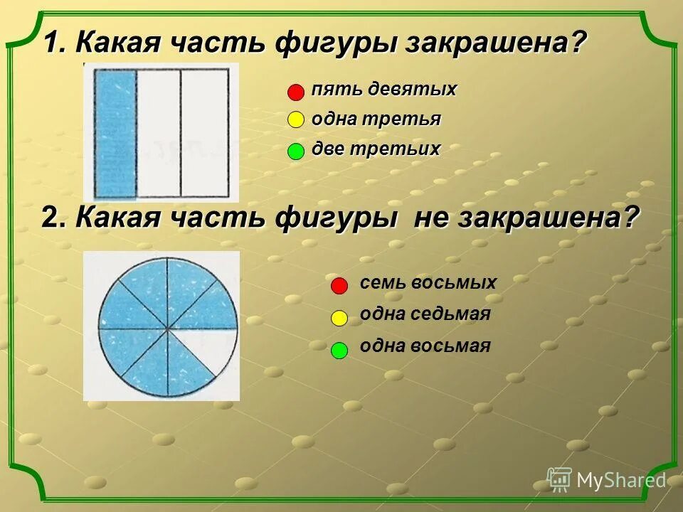 2 третьих 1 третья. Какая часть фигуры закрашена 5 класс. Какая фигура закрашена. Запиши какая часть фигуры закрашена. Одна третья часть.