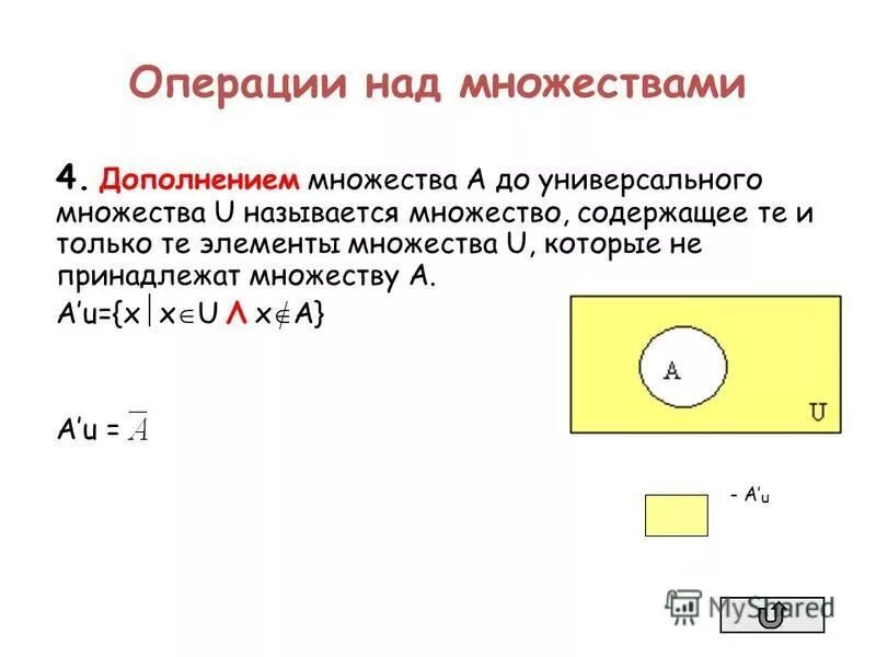 Множество принадлежит множеству. Дополнение множества. Элементы множества. Операция дополнения множеств.