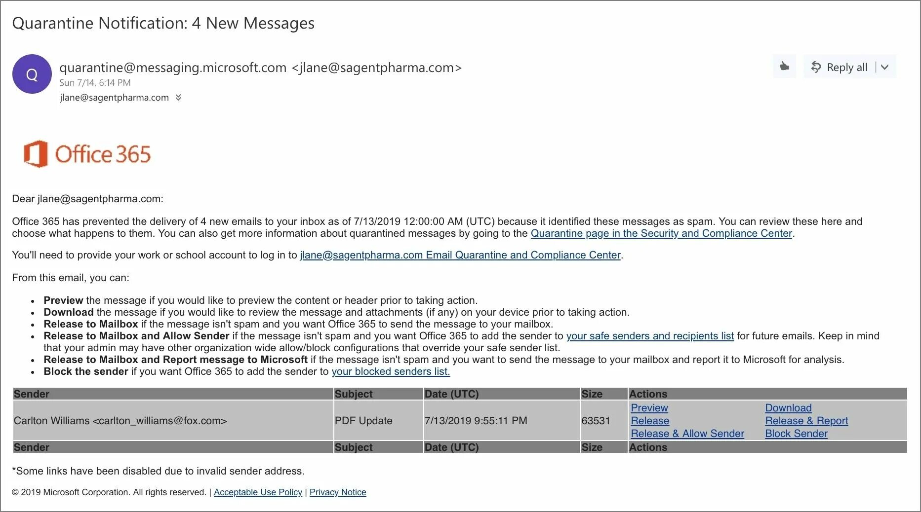 Сообщение от microsoft. Quarantine office 365. quarantine@messaging.microsoft.com. рекламное сообщение от майкрософт. notification of a new email.