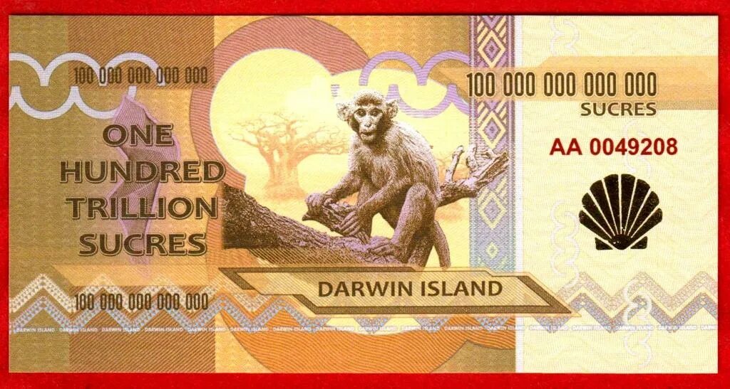 Банкноты остров Дарвина. Банкнота с обезьяной. Банкнота с Дарвином. Галапагосские острова купюры.