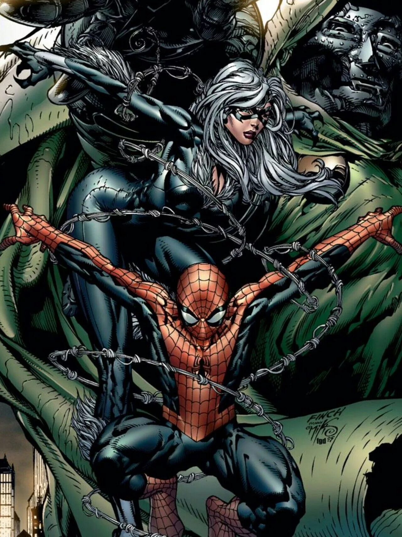 Кошка паук комиксы. David Finch Spider man. Рыцари Марвел человек паук. Черная кошка Марвел. Доктор дум против человека паука.