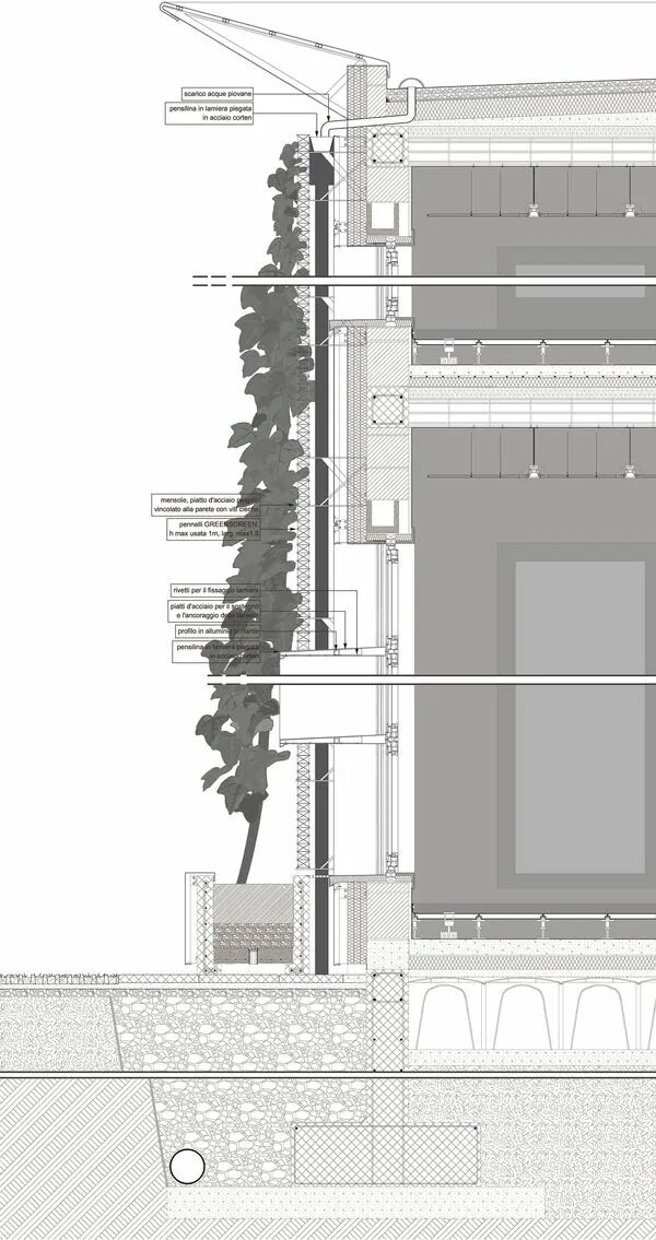 Green detail. Здание с зеленым разрезом. Вертикальный план здания. Идеи фасадов здания стадиона профилем. Green facade detail.