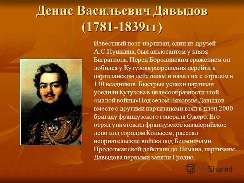 Герои отечественной войны 1812 года кратко биография. Давыдов герой Отечественной войны 1812 года.