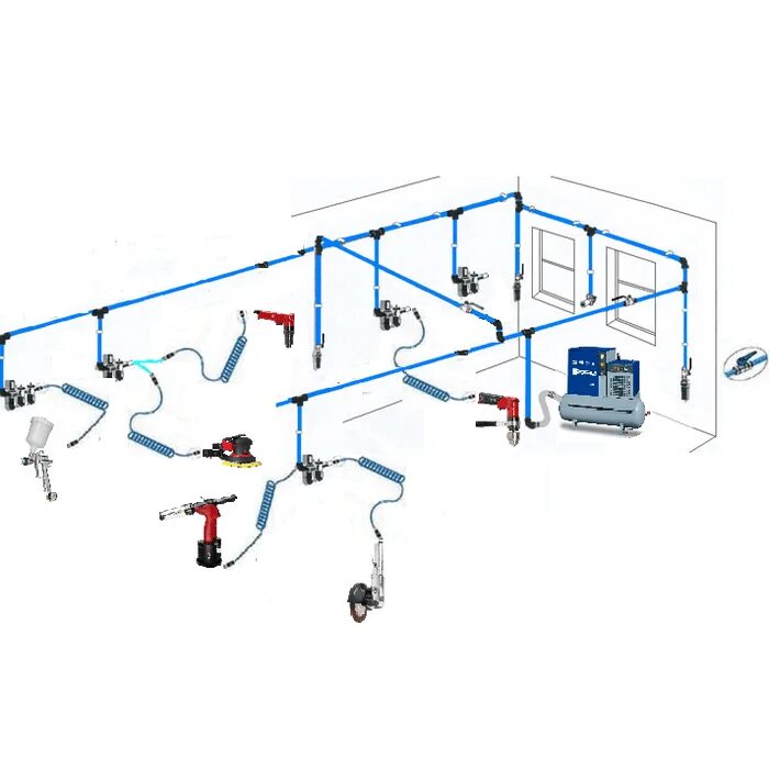 Монтаж пневмолинии сжатого воздуха. Схема разводки трубопроводов сжатого воздуха. Схема пневмолинии сжатого воздуха. Монтаж трубопроводов сжатого воздуха. Пневматическая подача воздуха