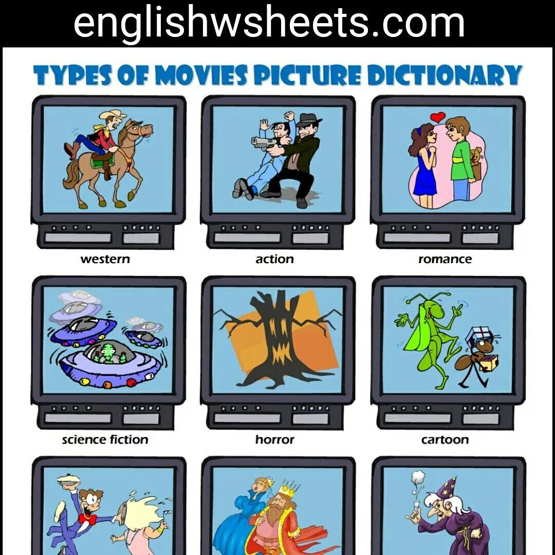 Movies Worksheets. Films Vocabulary. Types of films. Types of movies Worksheets. Types of programmes