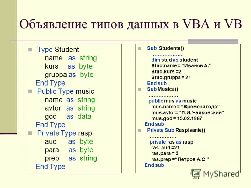 Данные в vba