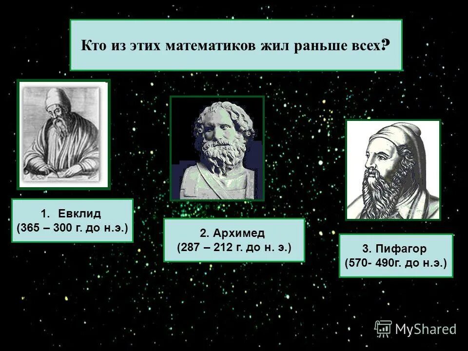 Раньше всех жил кто. Пифагор и Евклид. Пифагор Евклид Архимед.