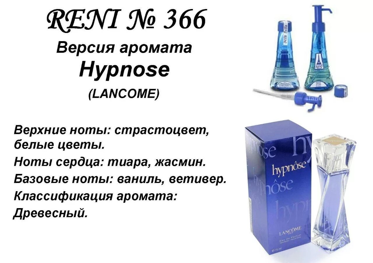 Духи рени по номерам. Духи Reni женские 366 Hypnose (Lancome). Hypnose / Lancome (100 мл) Рени. 366 Рени духи женские. Помпа Reni selective 100мл.