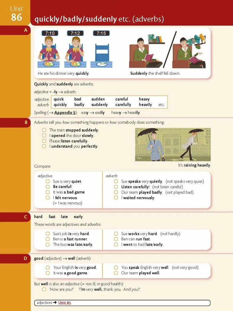 Essential Grammar in use Юнит 1 ответы. Adverbs английский язык badly. Английский Grammar Unit 8. Essential Grammar in use-Unit 86 quickly/ badly/ suddenly etc ответы. Adverbs careful