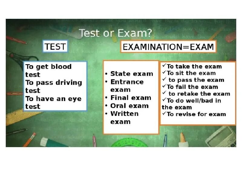 Test Exam разница. Различие между Test и Exam. Test and Exam разница в значении. Отличие слов Test Exam.