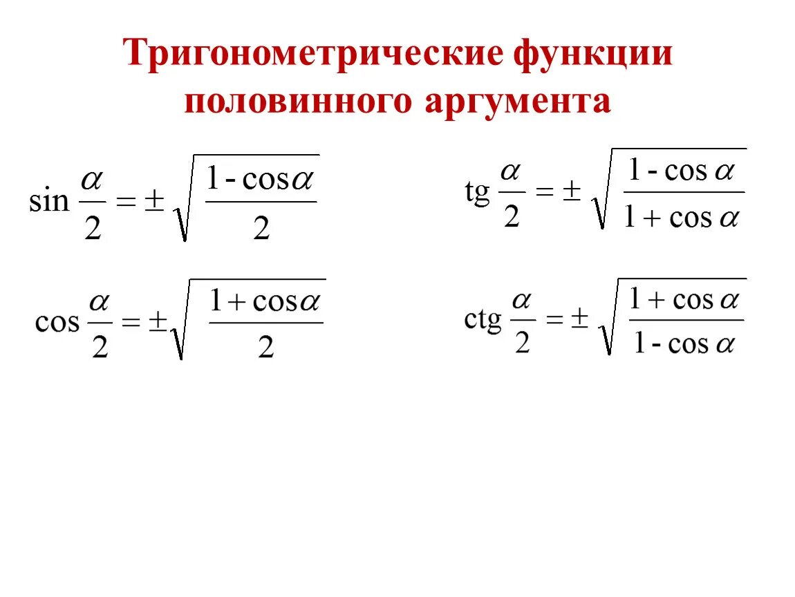 Преобразование аргумента функций. Формулы половинного аргумента тригонометрия. Формулы половинного аргумента тригонометрических функций. Формула тангенса половинного аргумента. Тригонометрические функции половины аргумента.