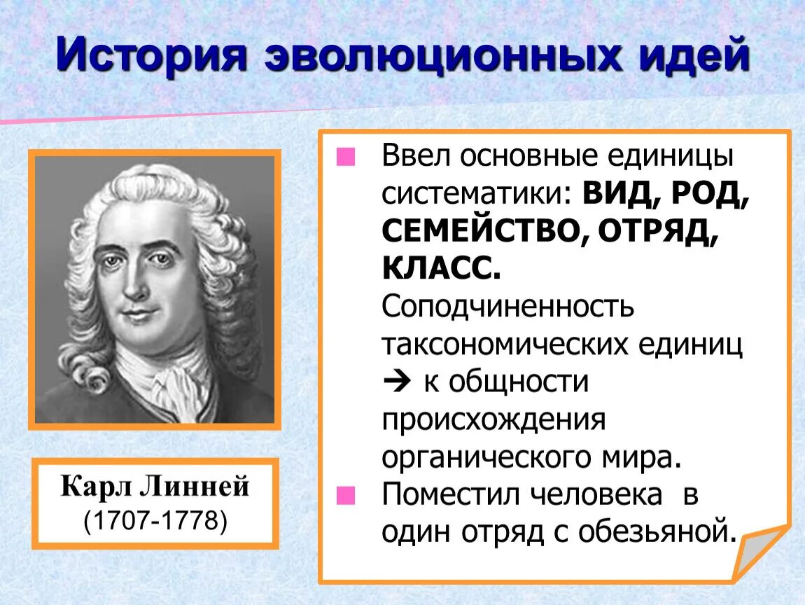 Эволюционные идеи ученых. История развития систематики. История развития эволюционных идей. Основные единицы систематики.