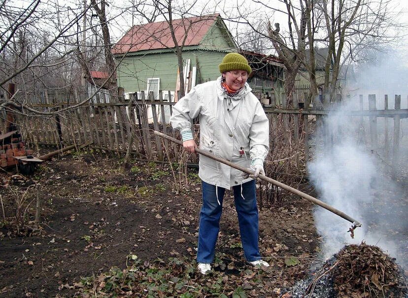 Работаем на дачном участке. Уборка в саду весной. Уборка огорода. Дачники весной. Уборка на даче весной.