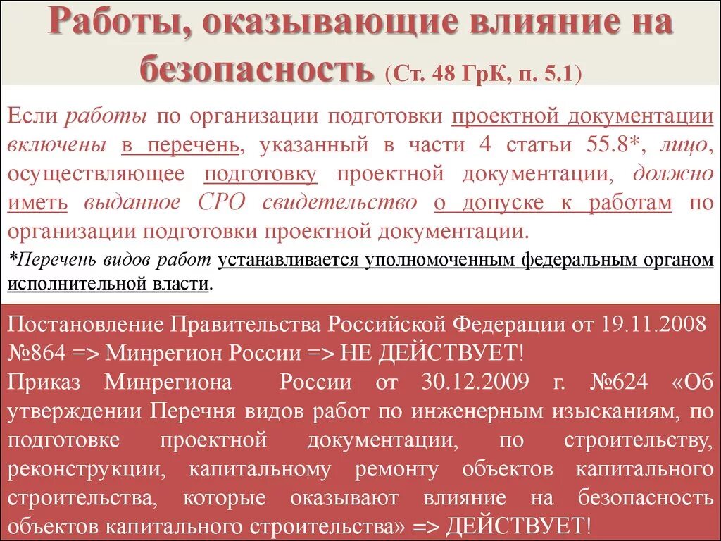 Виды работ оказывающие влияние на безопасность объектов. Работы влияющие на безопасность объектов капитального строительства. Деятельность по оказанию влияния. Организация осуществляющих подготовку проектной документации. Постановление 48 п