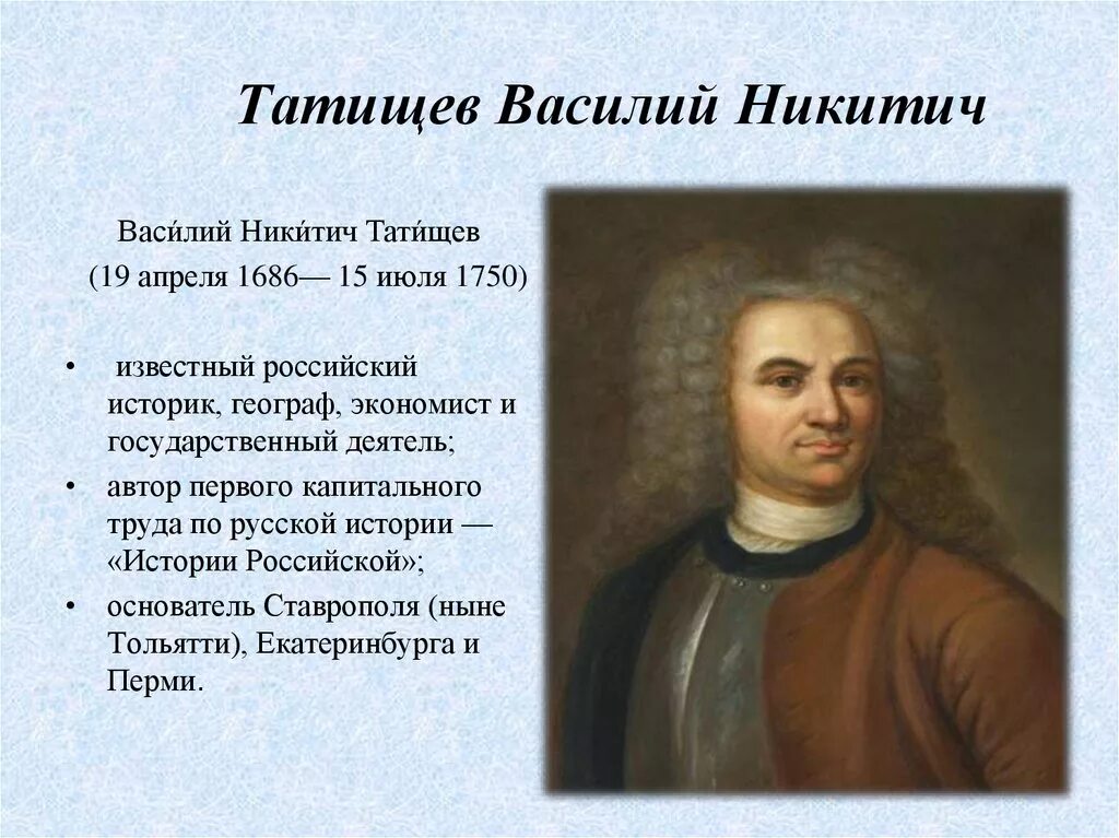 Создателем какого памятника является татищев. В. татищев (1686-1750). василия никитича татищева (1686-1750.