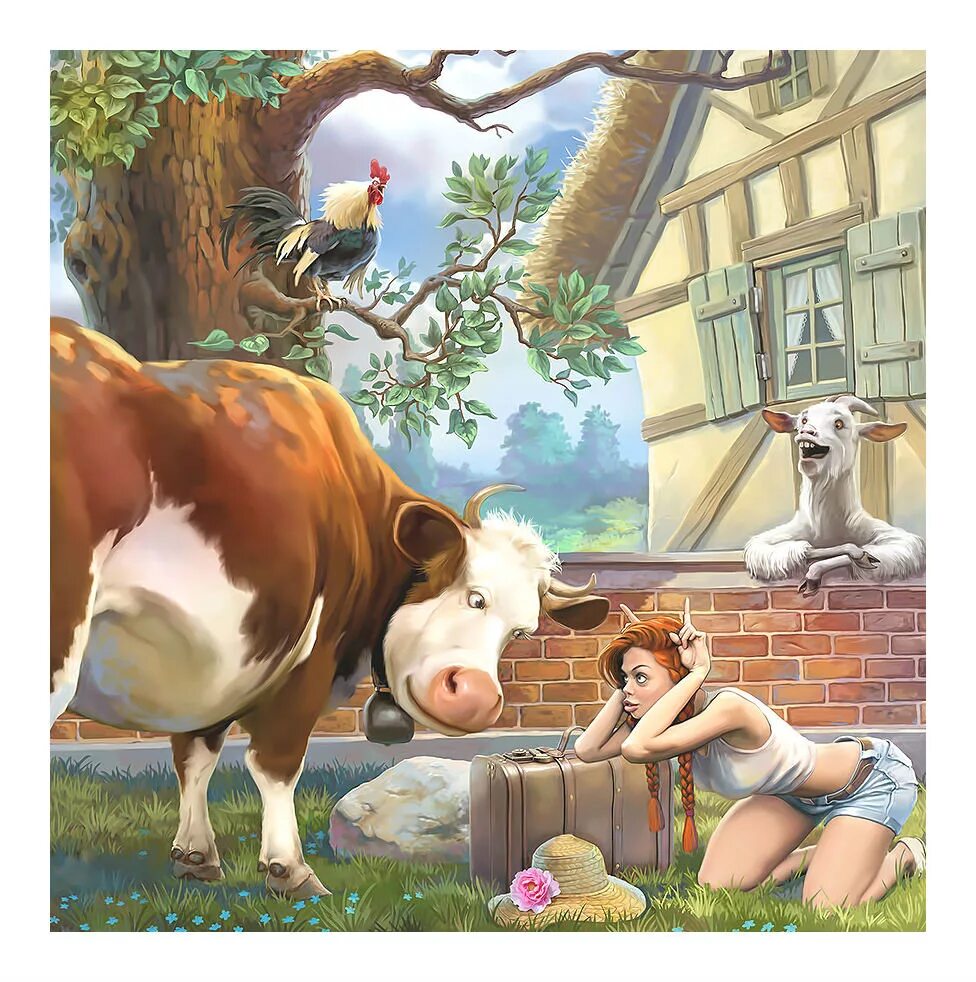 Деревенская сказка. Edward Halmurzaev. Веселая деревня. Прикольные картины. Девушка с коровой картина.