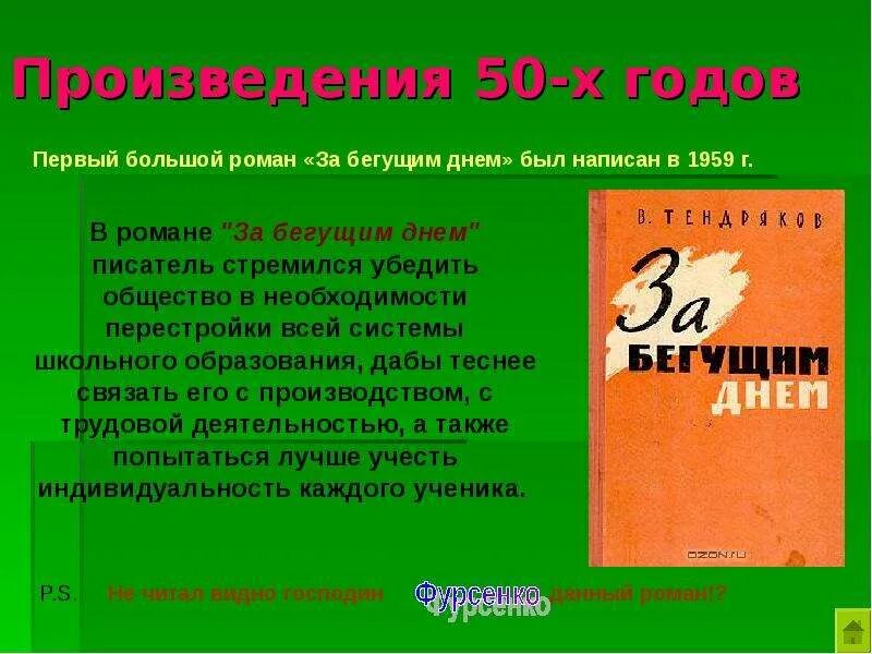 В ф тендряков произведения 8 класс. Произведения на 50 страниц. Тендряков за бегущим днем. Презентация про в ф Тендрякова. Пьесы 50-6- годов.