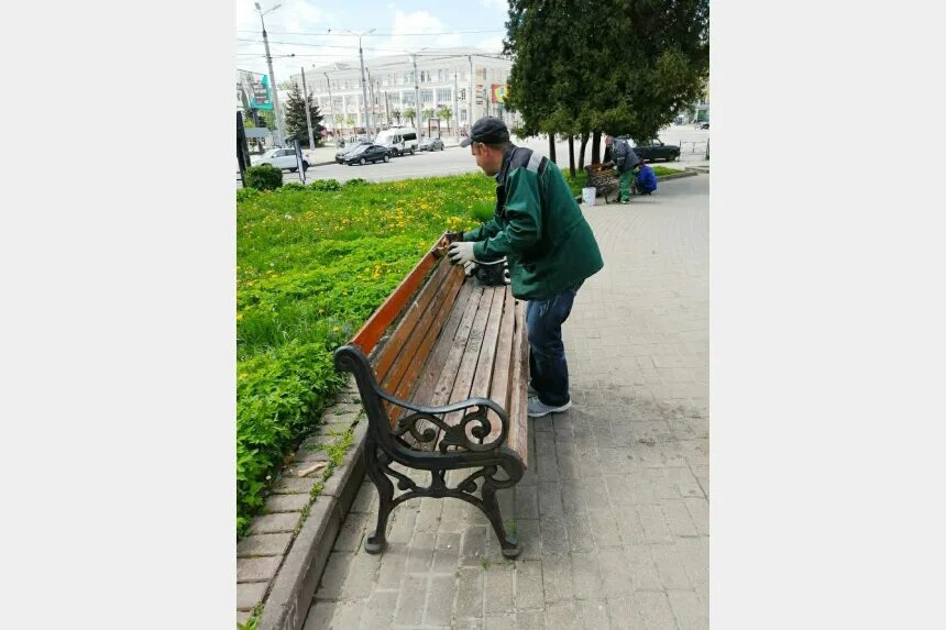 Маляр покрасил в парке 6 скамеек