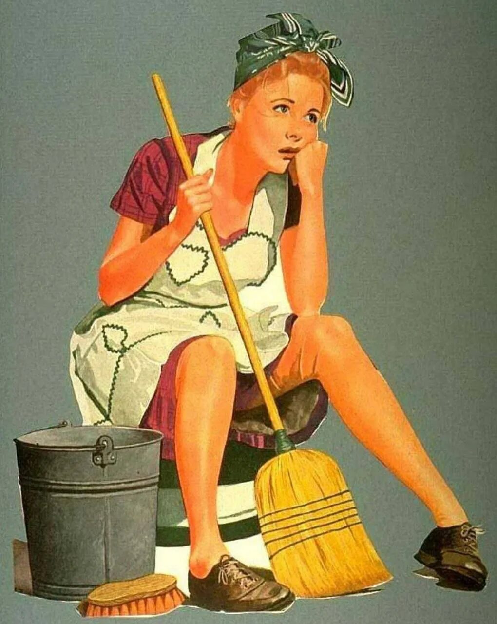 Norman Rockwell художник домохозяйка. Уборщица. Женщина уборка. Женщина убирает.