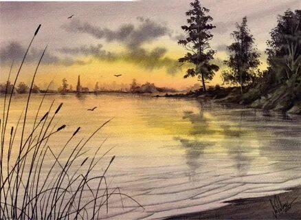 Как нарисовать озеро отражение в воде