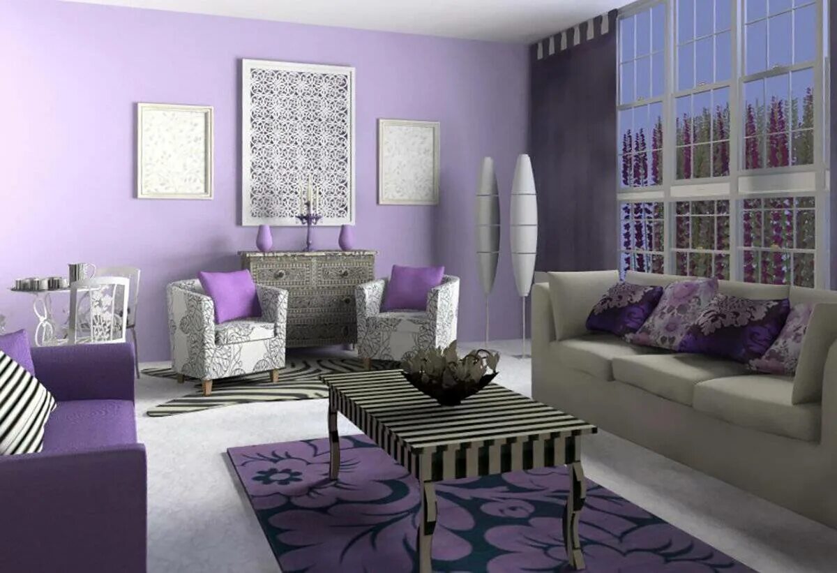 Лавандовый цвет в интерьере гостиной. Интерьер в сиреневых цветах. Сиреневые стены в гостиной. Сочетание серого и фиолетового в интерьере.