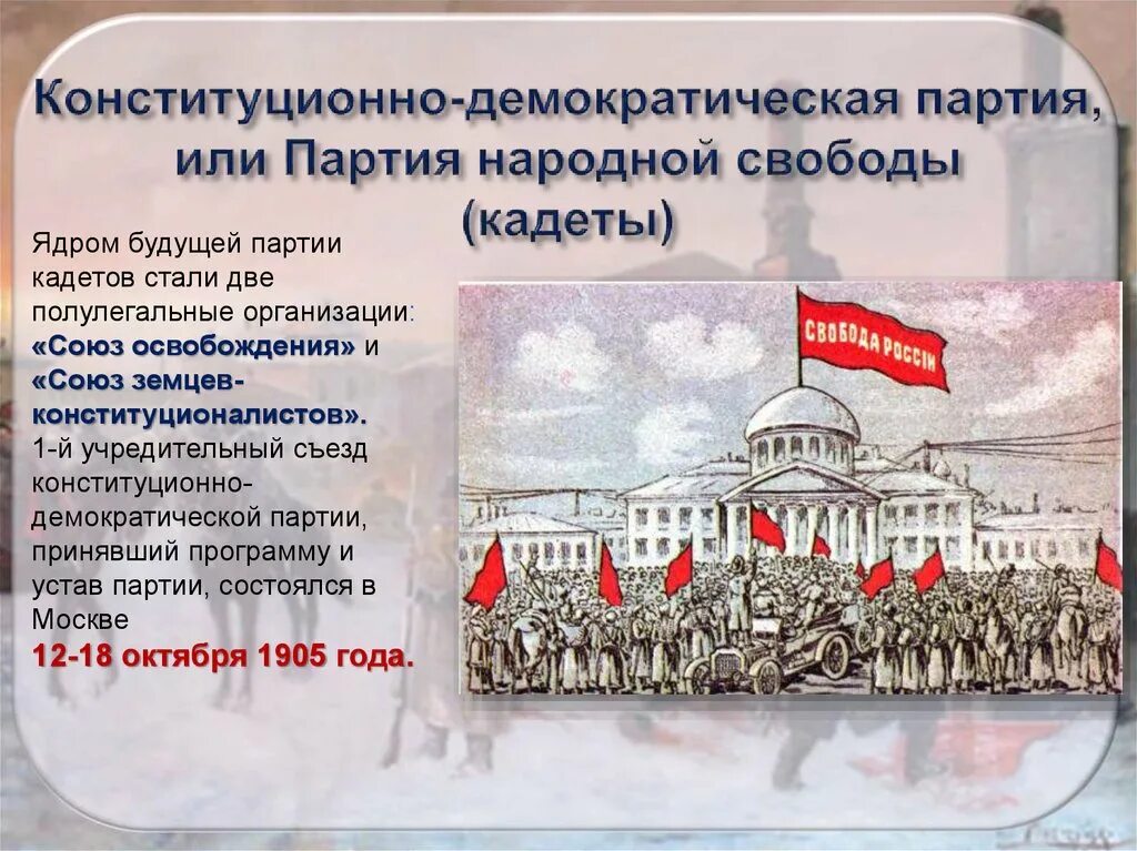 Партия народной свободы кадеты. Партия конституционных демократов кадеты. Конституционно Демократическая партия народной свободы. Лидер партии народной свободы 1905. Конституционно-Демократическая партия 1917.