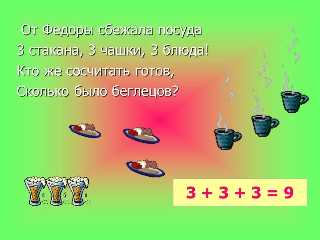 Сколько будет 20 петь. Сбежала от федоры посуда три стакана три чашки три блюда. Задача сбежала от федоры посуда. Подготовка к умножению 2 класс. Слайд посуда убежала от федоры.