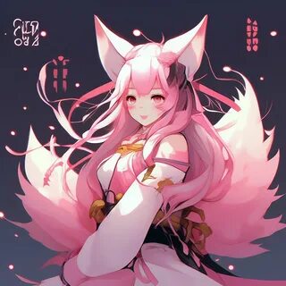 Кицунэ аниме, Кицунэ девушка, девятихвостая лиса, Кицунэ, розовая, девять х...