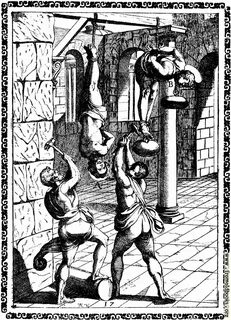Picture: 4.-Suspended by the feet, and the head beaten with hammers, etc. 