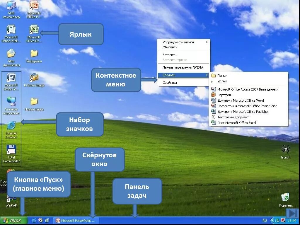 Установите соответствие ярлык. Элементы рабочего стола. Панель задач на рабочем столе. Элементы рабочего стола виндовс. Панель пуск.