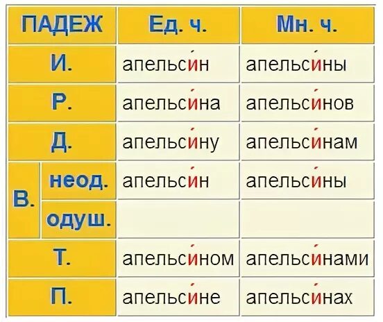 Апельсин склонение. Апельсины просклонять по падежам.