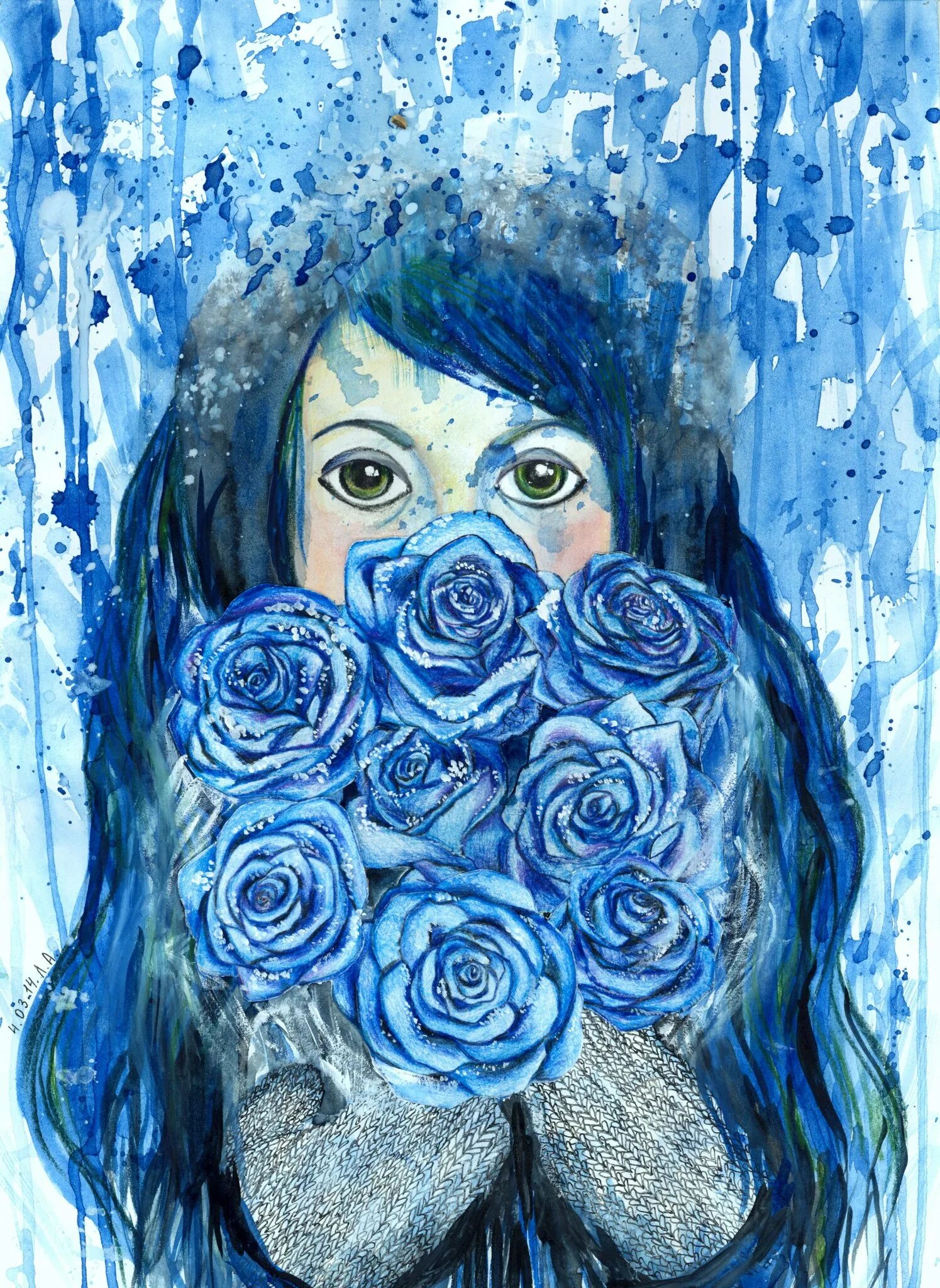 Девушка с синим цветом. Рисунок в голубых тонах. Портрет в голубых тонах. Синяя картина.