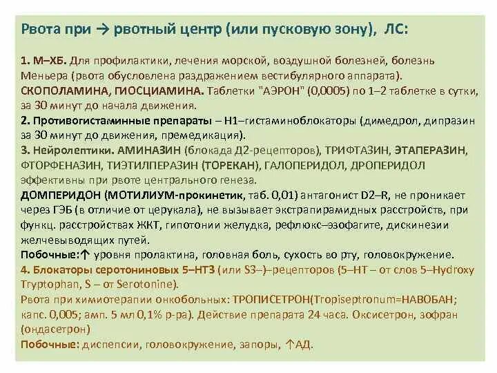 Таблетки Аэрон механизм действия. Пусковая зона рвотного центра. Скополамин механизм действия.