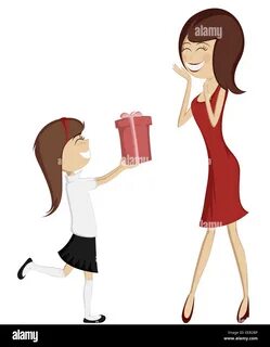 cartoon-style art with a brunette girl in black and white giving a gift box...